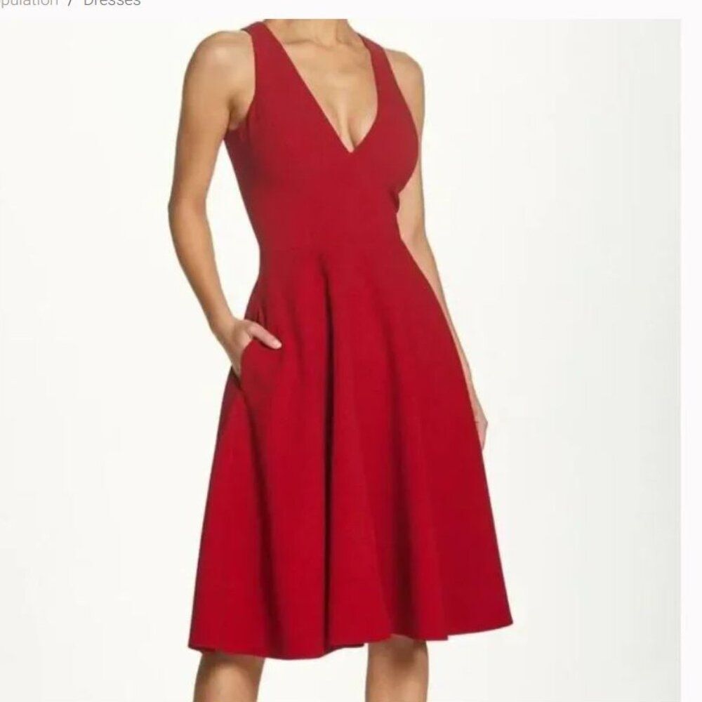 Dress the Population Catalina Dress Garnet Red Sz S Fit & Flare V-Neck NWT